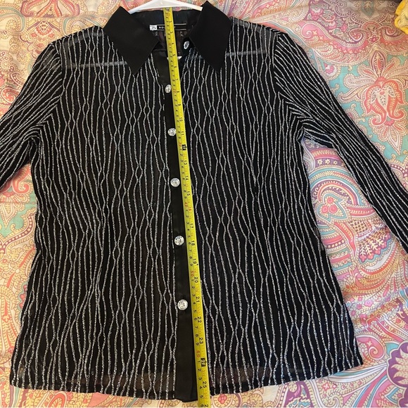 Woman Sparkly Black Long Sleeves See though Blouse - Picture 7 of 12